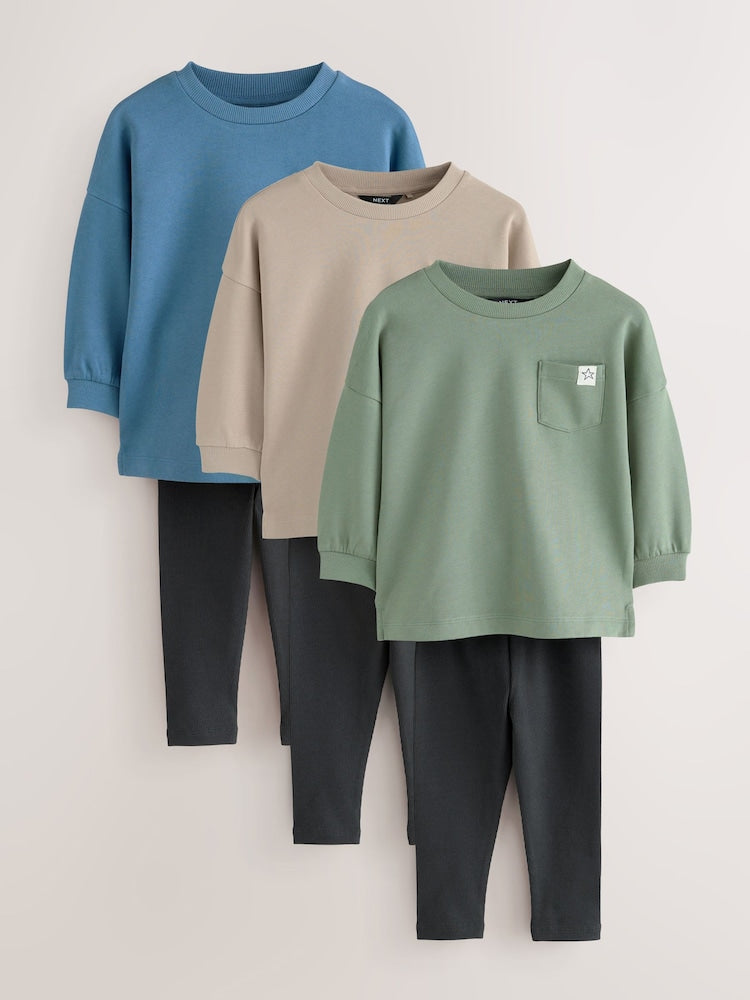 Blue/Stone/Green Long Sleeve Top and Leggings Set 3 Pack (3mths-7yrs) - Blue/Stone/Green Long Sleeve / 12-18 Months (80-86cm)