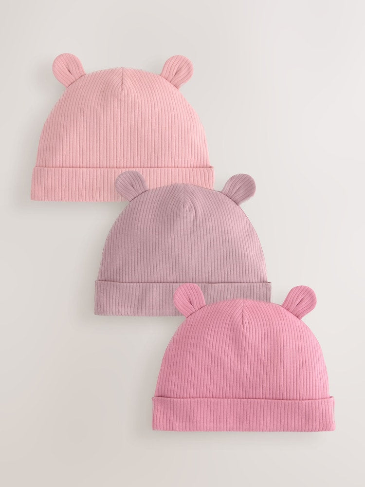 Pink 3 Pack Baby Beanies (0-18mths) - Size 44cm (5lb)