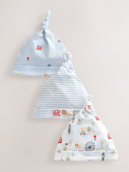 Blue London Tie Top Baby Hats 3 Pack (0-12mths)