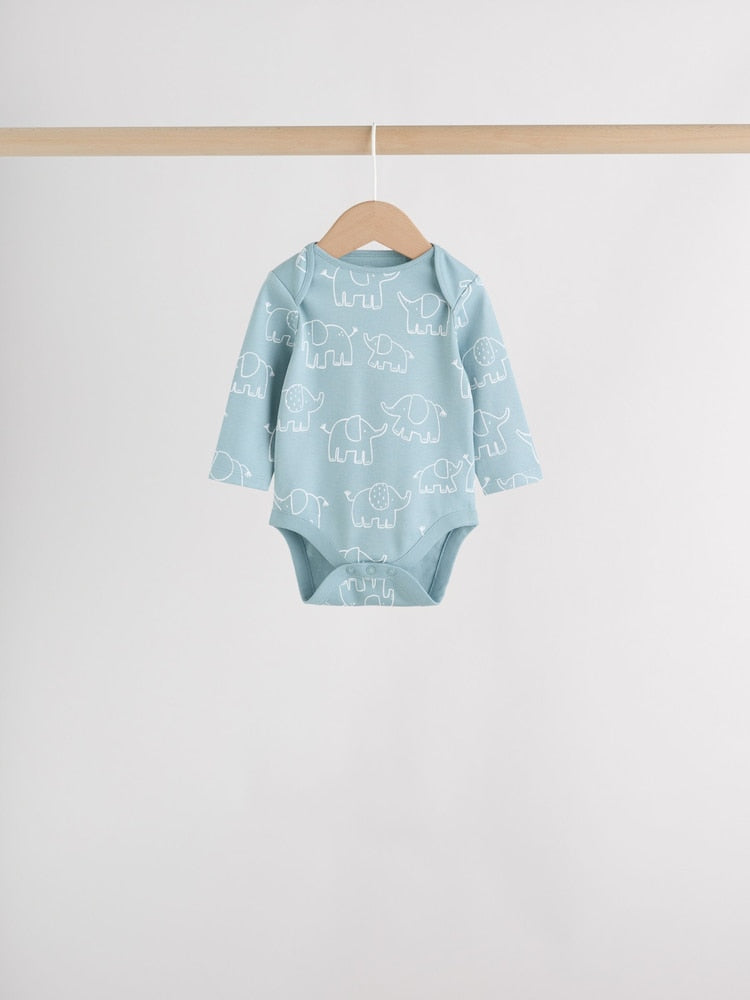 Blue Baby Elephant Long Sleeved Bodysuits 5 Pack