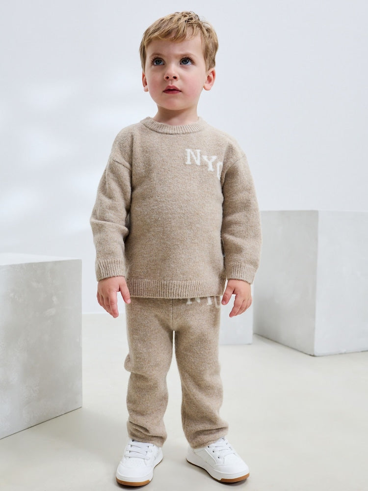 Neutral Knitted Crew Neck Jumper and Joggers Set (3mths-7yrs) - Neutral / 12-18 Months (80-86cm)