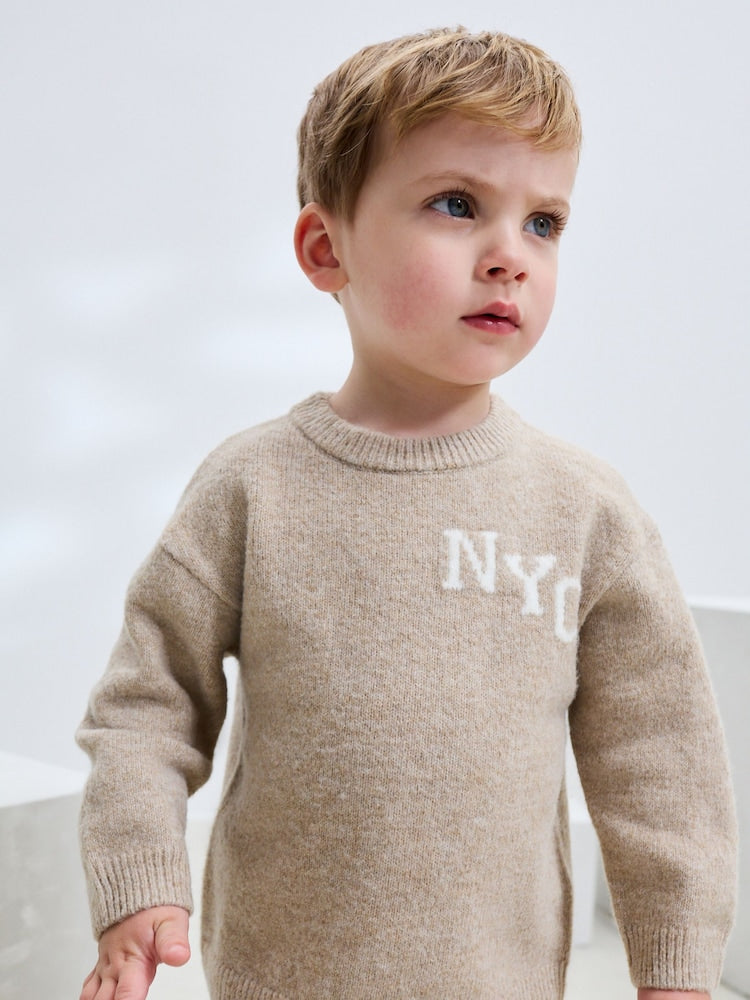 Neutral Knitted Crew Neck Jumper and Joggers Set (3mths-7yrs)