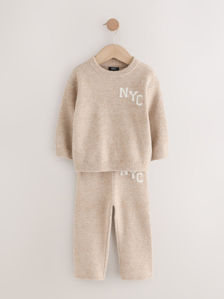 Neutral Knitted Crew Neck Jumper and Joggers Set (3mths-7yrs)