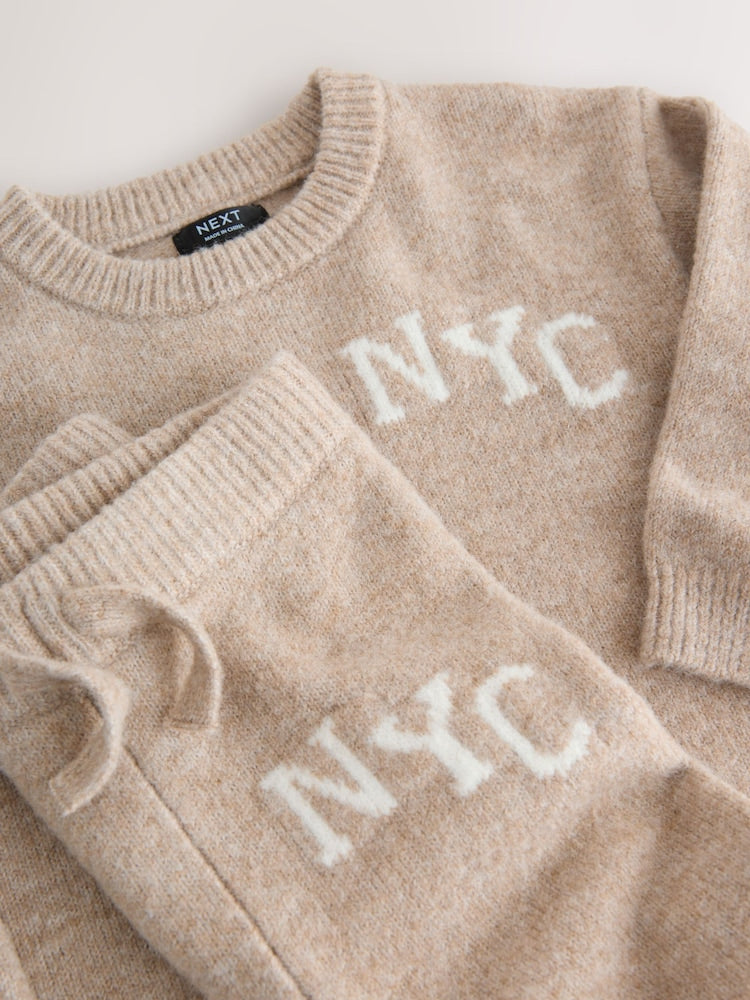 Neutral Knitted Crew Neck Jumper and Joggers Set (3mths-7yrs)