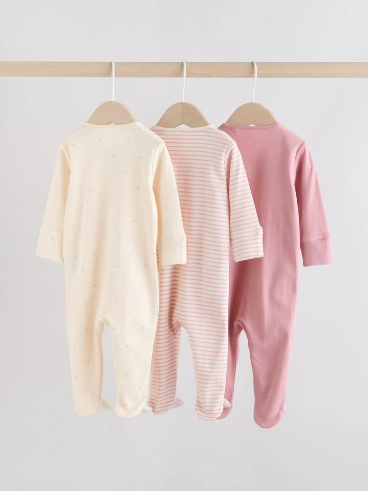Pink Heart Two Way Zip Baby Sleepsuits 3 Pack (0-2yrs)