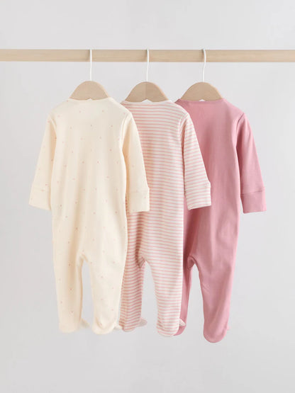 Pink Heart Two Way Zip Baby Sleepsuits 3 Pack (0-2yrs)