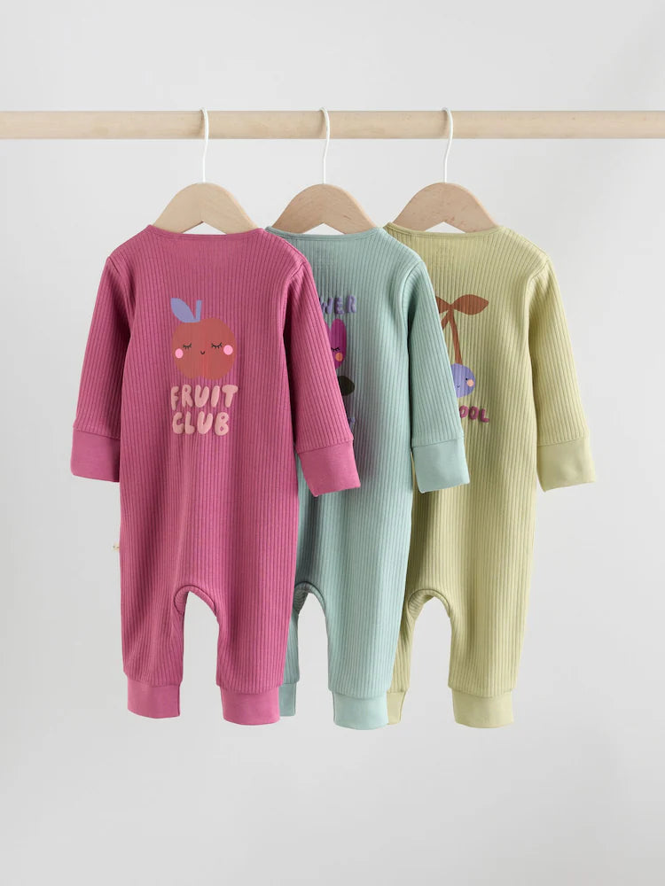 Multi Fruit Two Way Zip Baby Sleepsuits 3 Pack (0mths-3yrs)