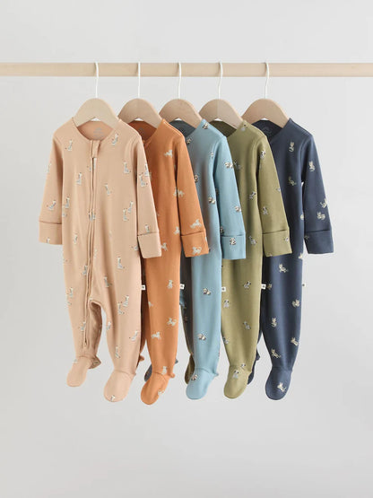 Mineral Blue 100% Cotton Two Way Zip Baby Sleepsuits 5 Pack (0mths-2yrs)