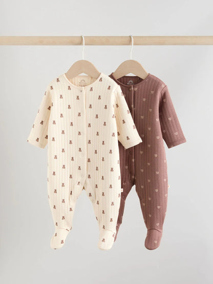 Brown Baby Quilted Bear Sleepsuits 2 Pack