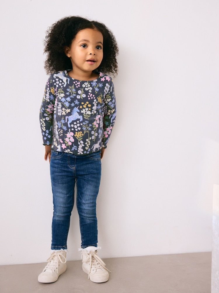 Navy Floral Unicorn Print Long Sleeve Ribbed