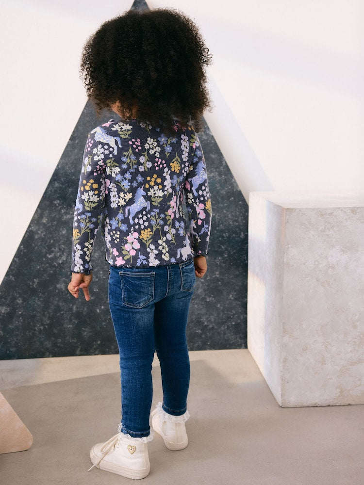 Navy Floral Unicorn Print Long Sleeve Ribbed