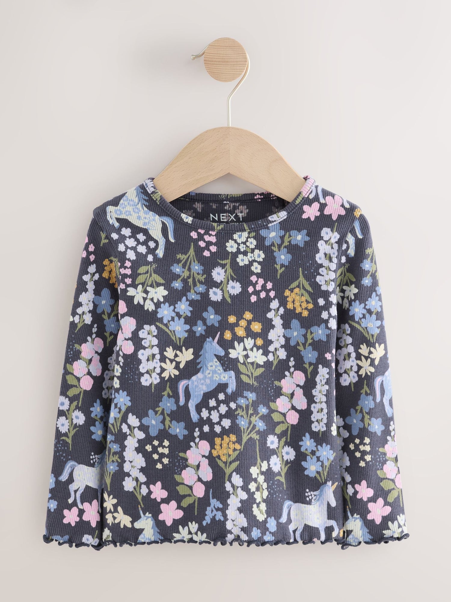 Navy Floral Unicorn Print Long Sleeve Ribbed T-Shirt (3mths-7yrs) - Size 3-6 Months (62-68cm)