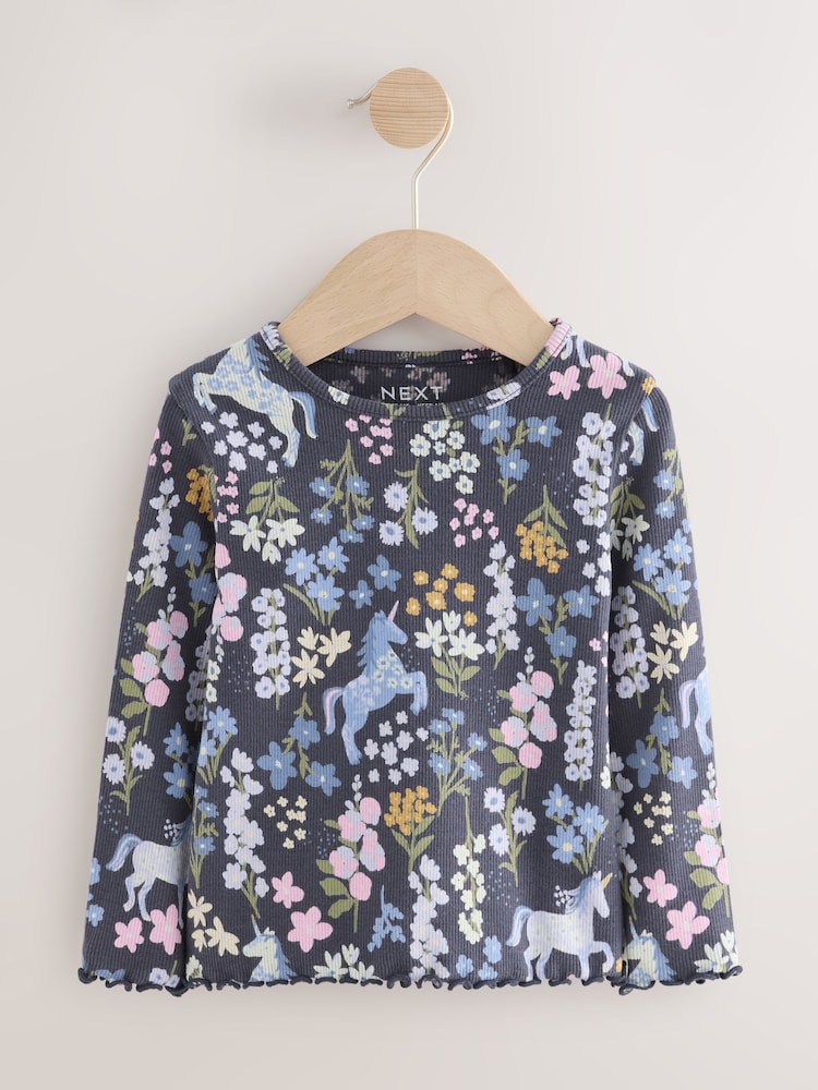Navy Floral Unicorn Print Long Sleeve Ribbed