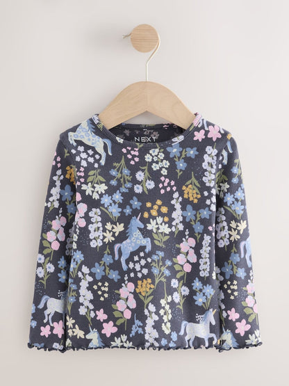 Navy Floral Unicorn Print Long Sleeve Ribbed