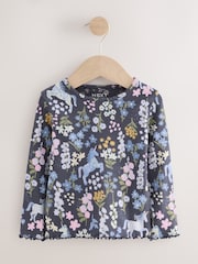 Navy Floral Unicorn Print Long Sleeve Ribbed T-Shirt (3mths-7yrs) - Size 3-6 Months (62-68cm)