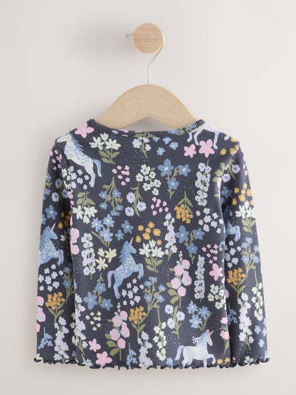 Navy Floral Unicorn Print Long Sleeve Ribbed