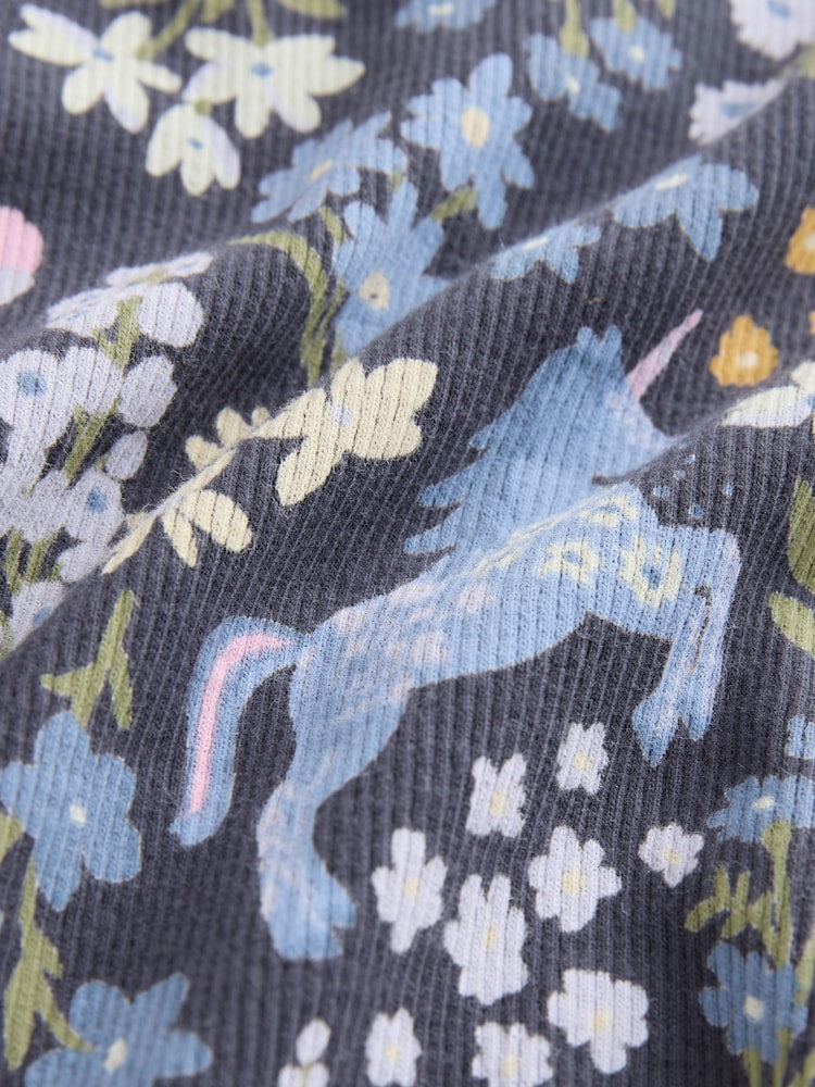 Navy Floral Unicorn Print Long Sleeve Ribbed