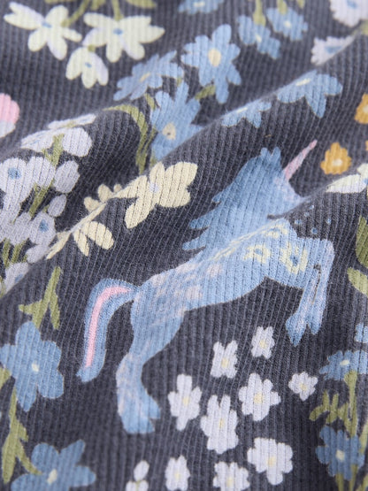 Navy Floral Unicorn Print Long Sleeve Ribbed