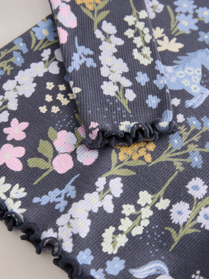 Navy Floral Unicorn Print Long Sleeve Ribbed