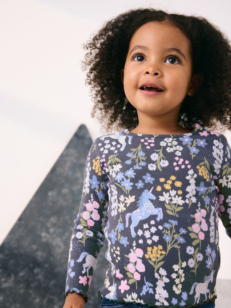 Navy Floral Unicorn Print Long Sleeve Ribbed T-Shirt (3mths-7yrs) - Navy Floral Unicorn Print Long Sleeve Ribbed / 12-18 Months (80-86cm)