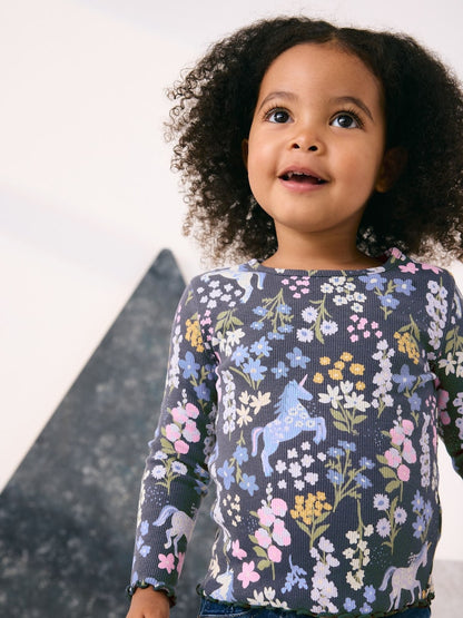 Navy Floral Unicorn Print Long Sleeve Ribbed T-Shirt (3mths-7yrs) - Navy Floral Unicorn Print Long Sleeve Ribbed / 12-18 Months (80-86cm)