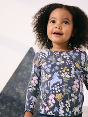 Navy Floral Unicorn Print Long Sleeve Ribbed T-Shirt (3mths-7yrs) - Size 3-6 Months (62-68cm)