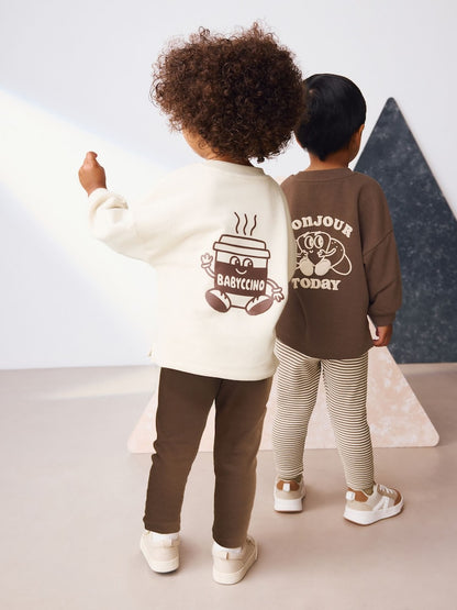 Brown/Cream Babyccino Long Sleeve Tops &amp; Leggings Set 2 Pack (3mths-7yrs) - Size 3-6 Months (62-68cm)