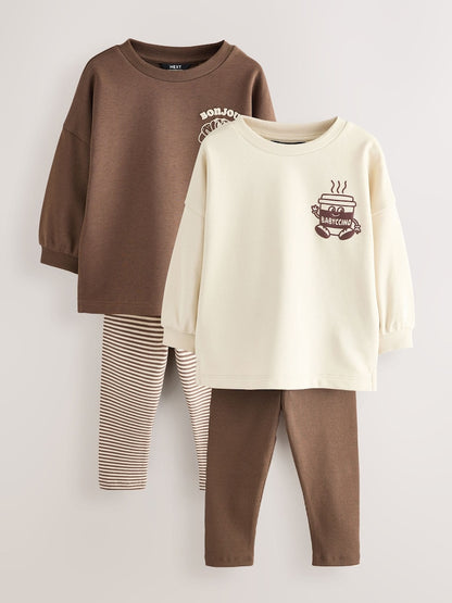Brown/Cream Babyccino Long Sleeve Tops &amp; Leggings Set 2 Pack (3mths-7yrs) - Size 3-6 Months (62-68cm)