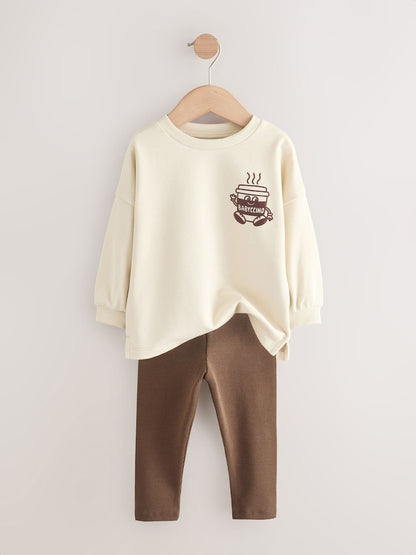 Brown/Cream Babyccino Long Sleeve Tops &amp; Leggings Set 2 Pack (3mths-7yrs) - Size 3-6 Months (62-68cm)
