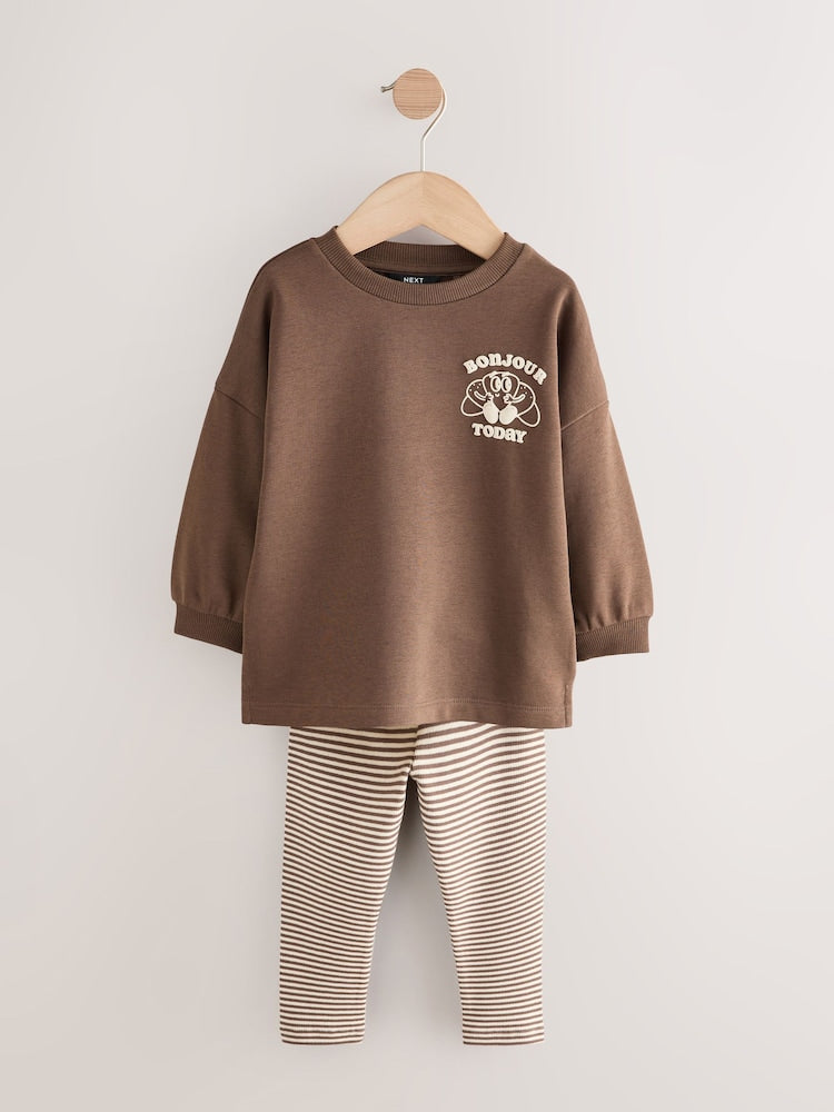 Brown/Cream Babyccino Long Sleeve Tops &amp; Leggings Set 2 Pack (3mths-7yrs) - Size 3-6 Months (62-68cm)