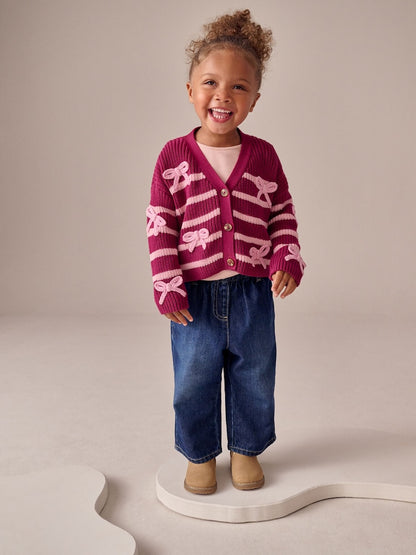 Pink Bow Stripe V-Neck Cardigan (3mths-7yrs) - Size 3-6 Months (62-68cm) - Pink Bow Stripe V-Neck