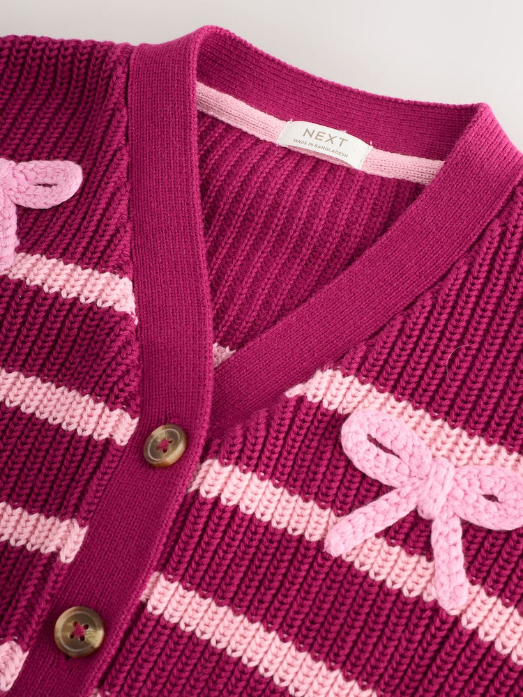 Pink Bow Stripe V-Neck Cardigan (3mths-7yrs) - Size 3-6 Months (62-68cm)