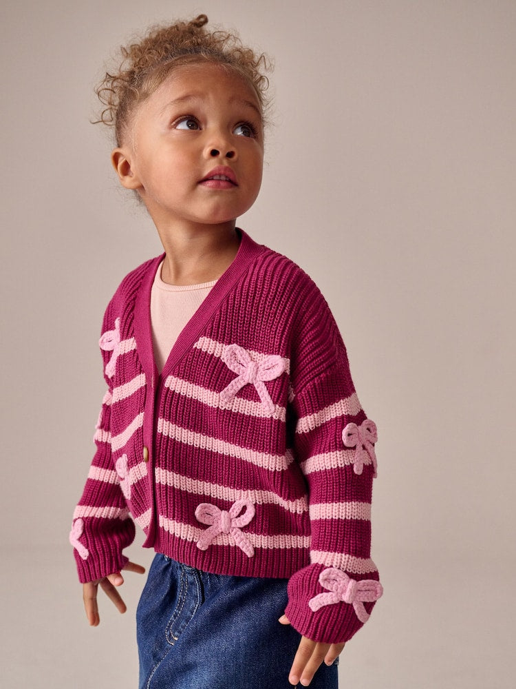 Pink Bow Stripe V-Neck Cardigan (3mths-7yrs) - Size 3-6 Months (62-68cm)