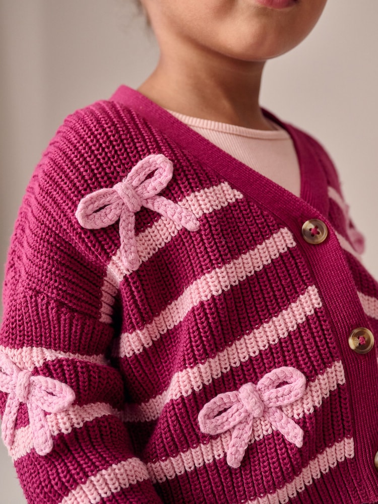 Pink Bow Stripe V-Neck Cardigan (3mths-7yrs) - Size 3-6 Months (62-68cm)