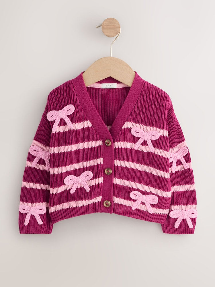 Pink Bow Stripe V-Neck Cardigan (3mths-7yrs) - Size 3-6 Months (62-68cm)