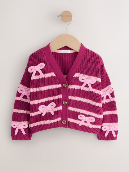 Pink Bow Stripe V-Neck Cardigan (3mths-7yrs) - Size 3-6 Months (62-68cm)
