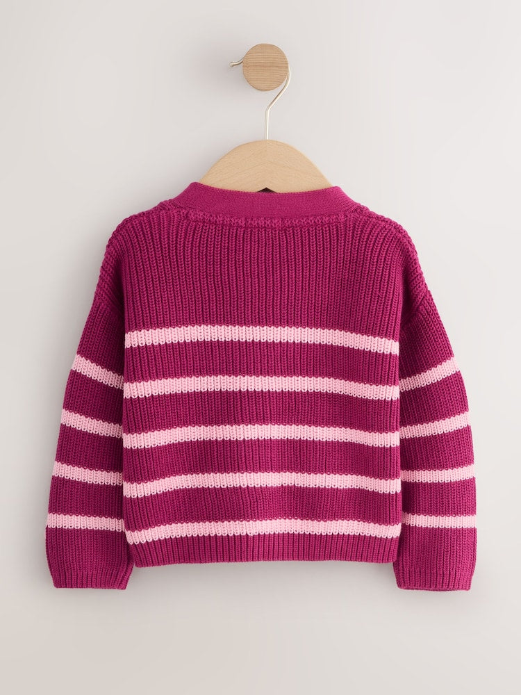 Pink Bow Stripe V-Neck Cardigan (3mths-7yrs) - Size 3-6 Months (62-68cm)