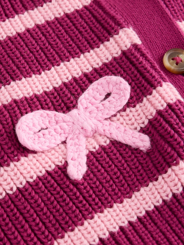 Pink Bow Stripe V-Neck Cardigan (3mths-7yrs) - Size 3-6 Months (62-68cm)