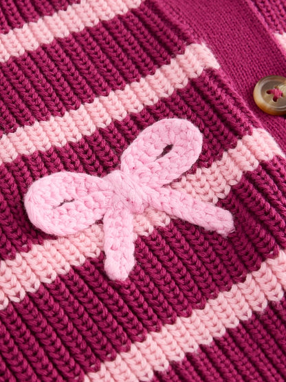 Pink Bow Stripe V-Neck Cardigan (3mths-7yrs) - Size 3-6 Months (62-68cm)