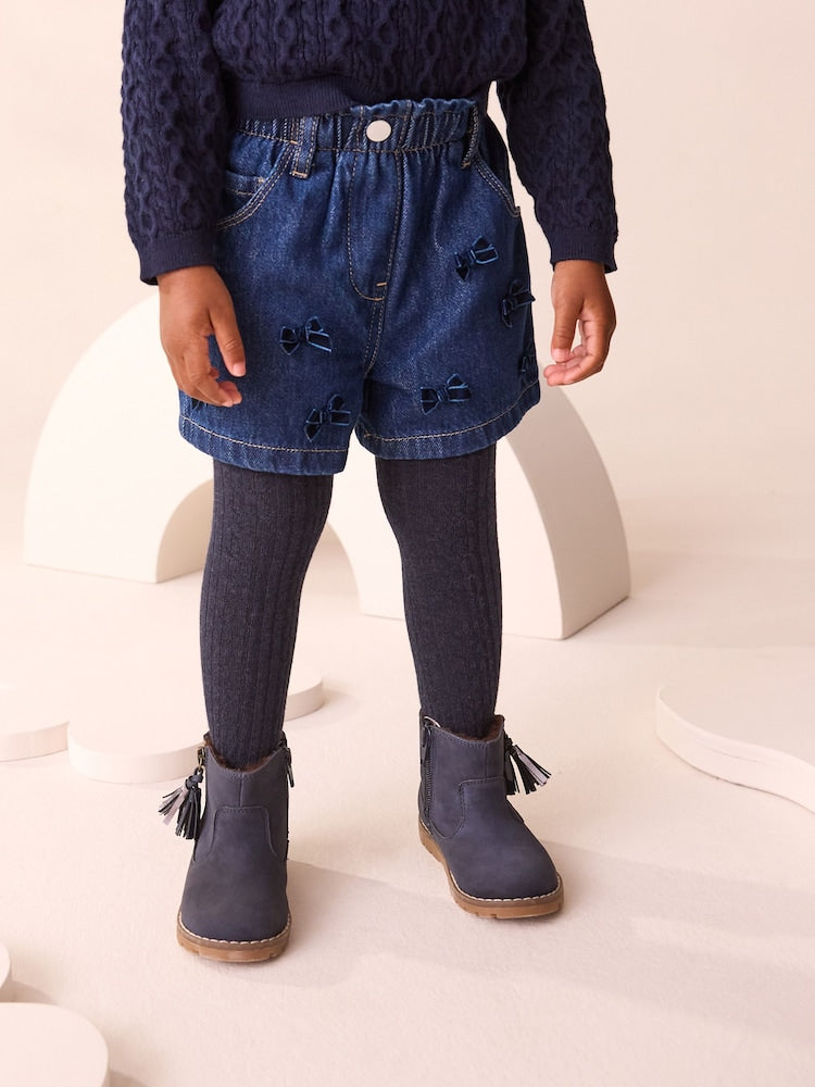 Blue Denim Bow Shorts and Tights Set (3mths-7yrs) - Blue Denim Bow / 12-18 Months (80-86cm)