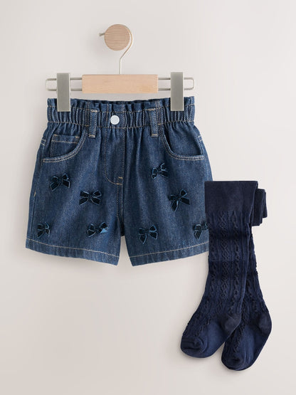 Blue Denim Bow Shorts and Tights Set (3mths-7yrs)