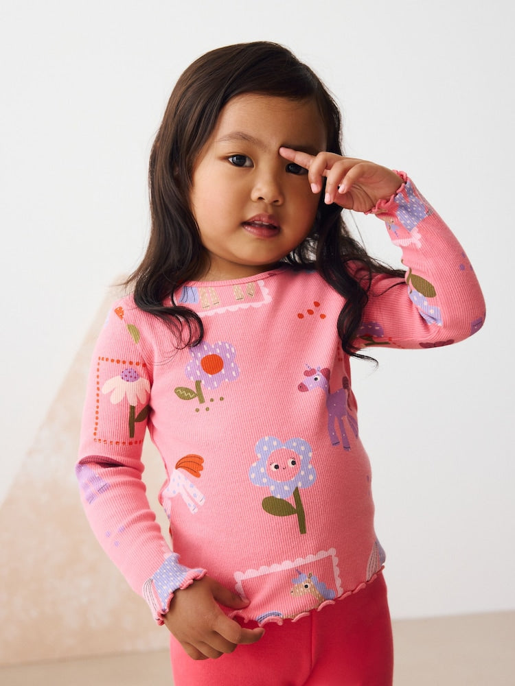 Pink Unicorn Rib Long Sleeve T-Shirt (3mths-7yrs) - Pink Unicorn Rib Long Sleeve / 12-18 Months (80-86cm)