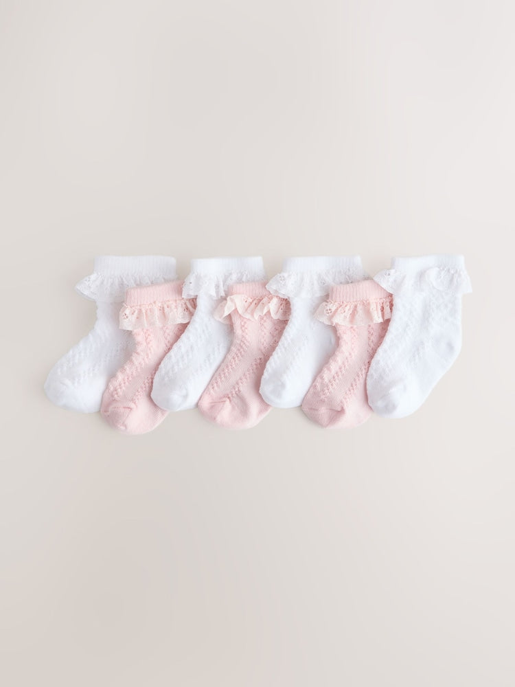 Pink/White Lace Baby Socks 7 Pack - Size 50cm (First Size) - Pink/White