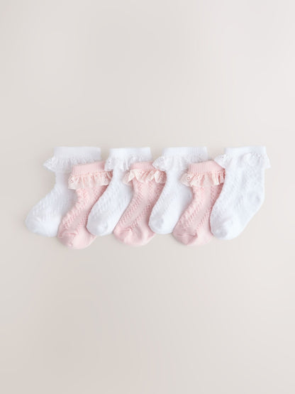 Pink/White Lace Baby Socks 7 Pack - Size 50cm (First Size) - Pink/White