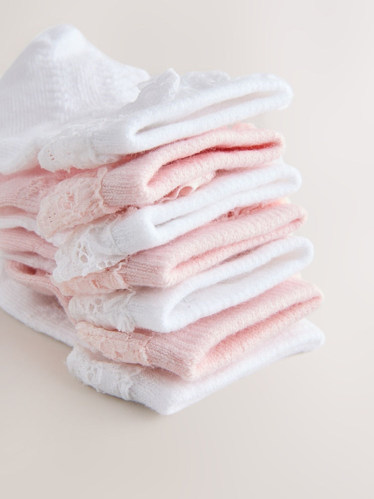 Pink/White Lace Baby Socks 7 Pack - Size 50cm (First Size)