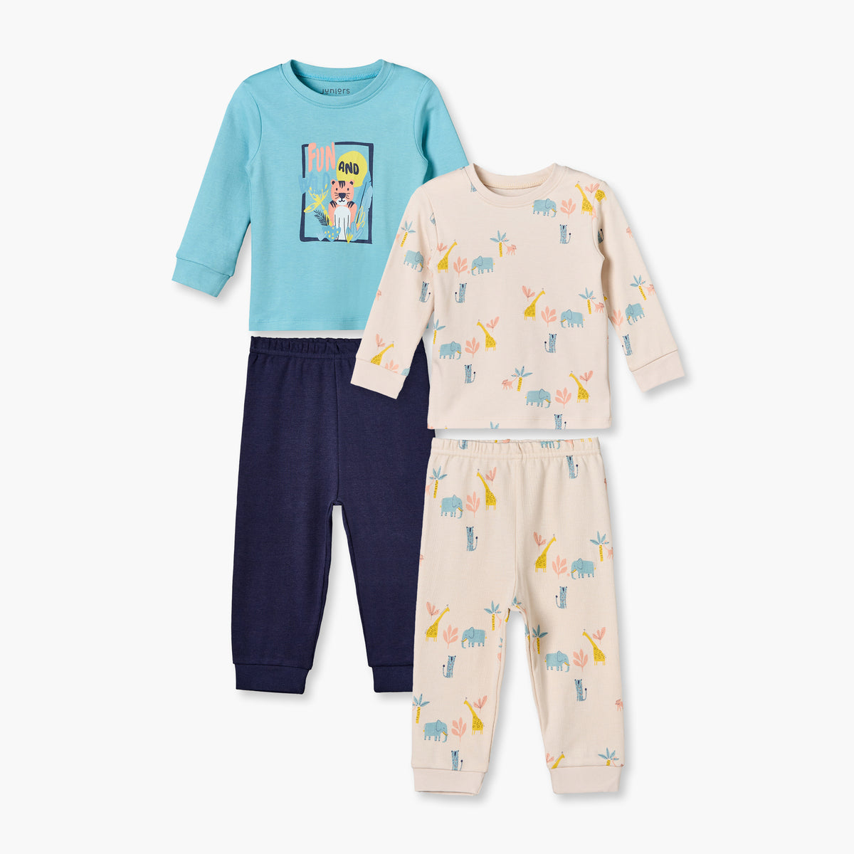 Pack of 2 Juniors Cotton Round Neck Long Sleeves Pyjama Set with Safari Print