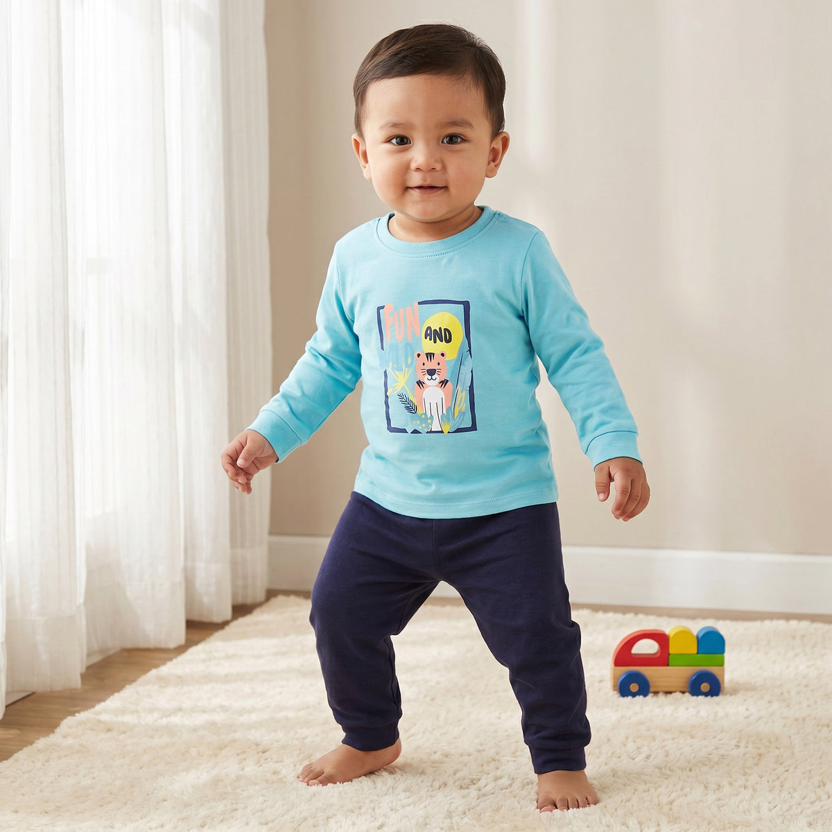 Pack of 2 Juniors Cotton Round Neck Long Sleeves Pyjama Set with Safari Print