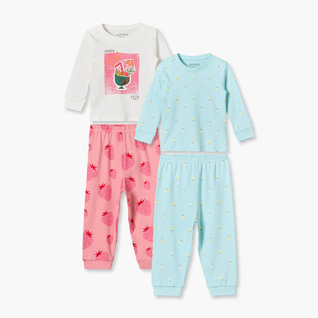 Pack of 2 Juniors Cotton Round Neck Long Sleeves Pyjama Set with Fruit Print