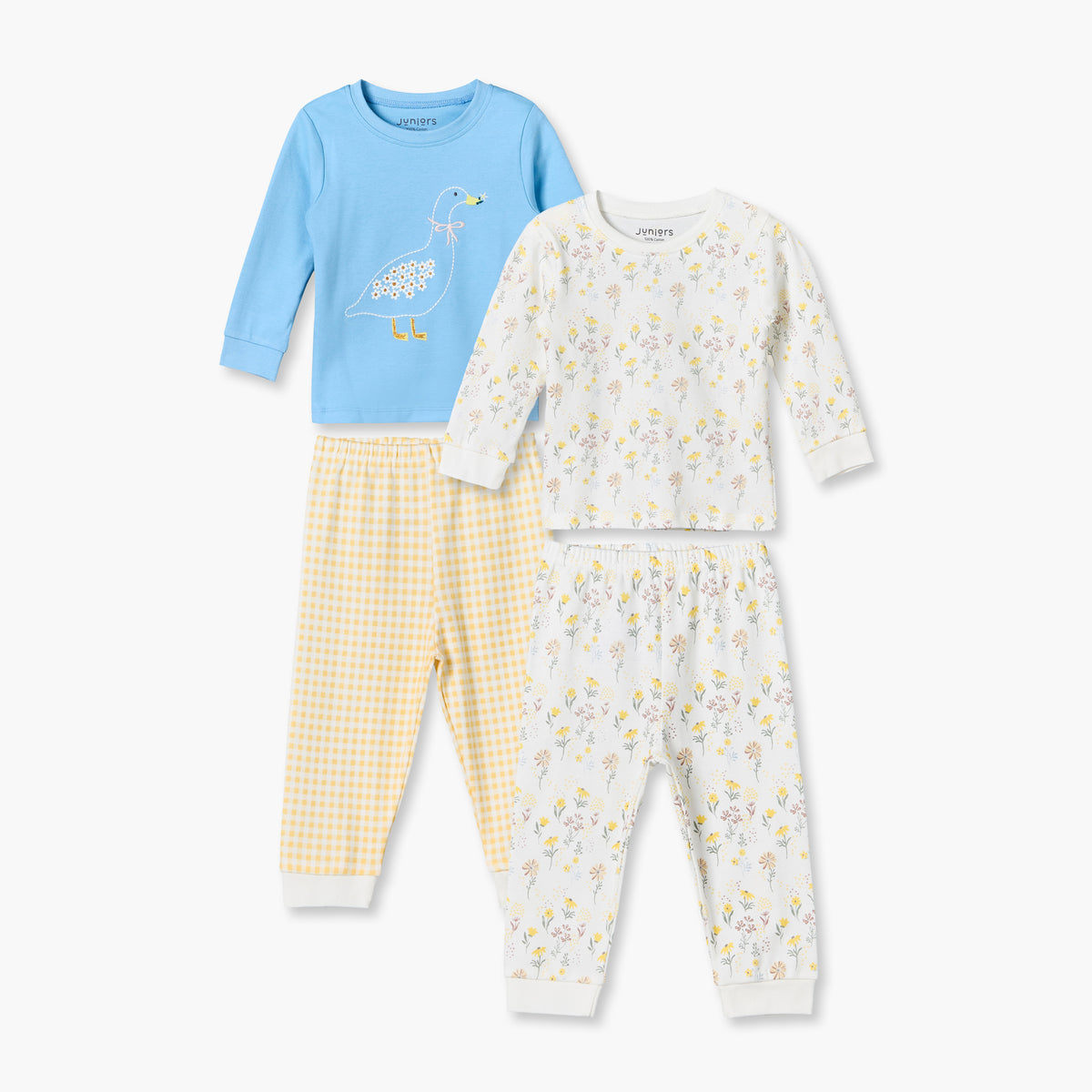 Pack of 2 Juniors Cotton Crew Neck Long Sleeves Pyjama Set with Assorted Print