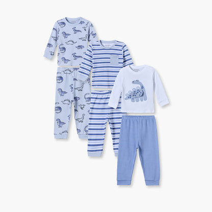 Pack of 3 Juniors Cotton Round Neck Long Sleeves Pyjama Set with Dinosaur Print